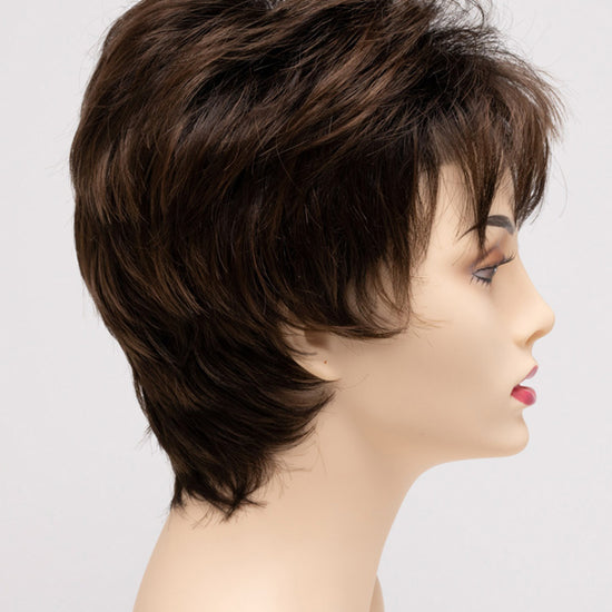 profile side of a short Kinner Beauty Wigs wig on woman head 