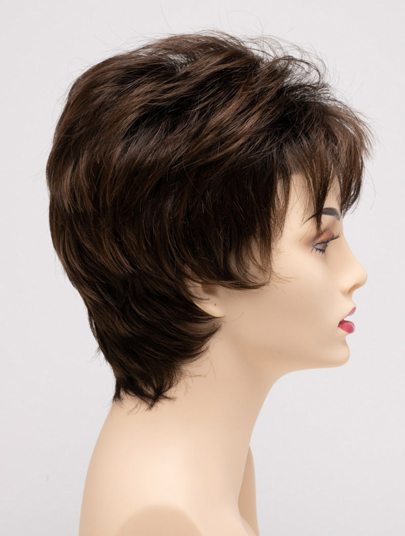 profile side of a short Kinner Beauty Wigs wig on woman head 