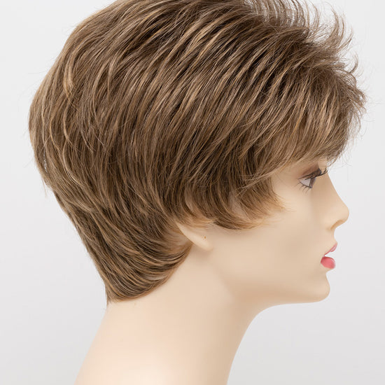 profile side of a short Kinner Beauty Wigs wig on woman head 