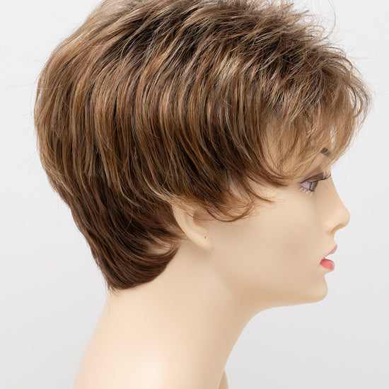 profile side of a short Kinner Beauty Wigs wig on woman head 