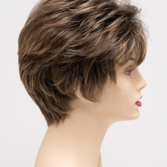 profile side of a short Kinner Beauty Wigs wig on woman head 