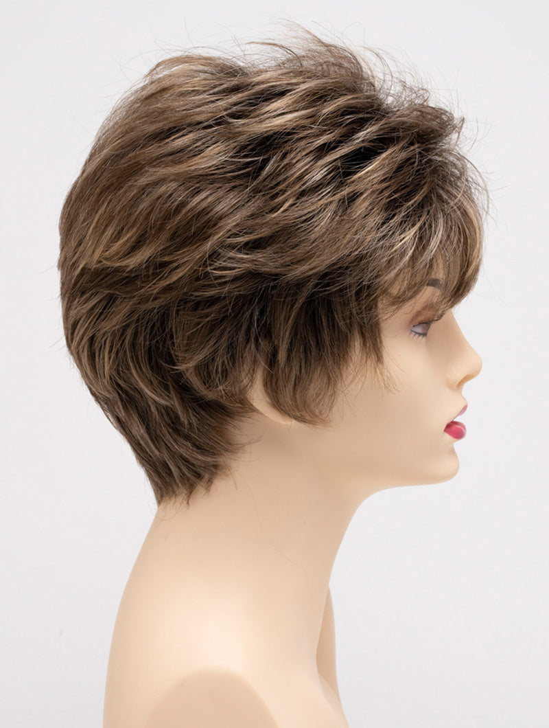 profile side of a short Kinner Beauty Wigs wig on woman head 