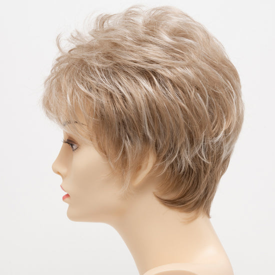 profile side of a short Kinner Beauty Wigs wig on woman head 