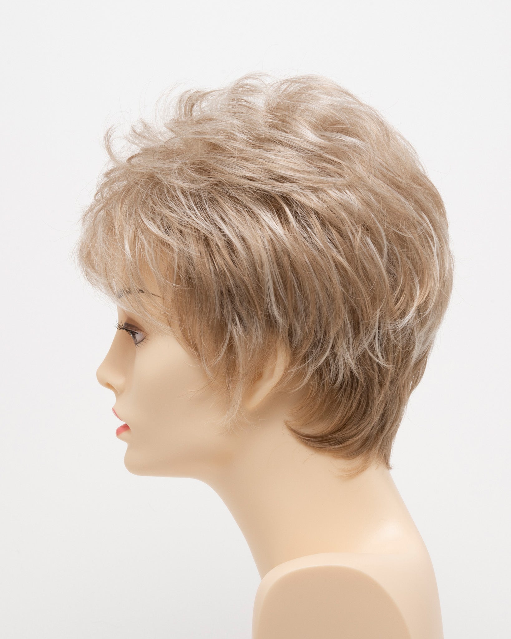 profile side of a short Kinner Beauty Wigs wig on woman head 