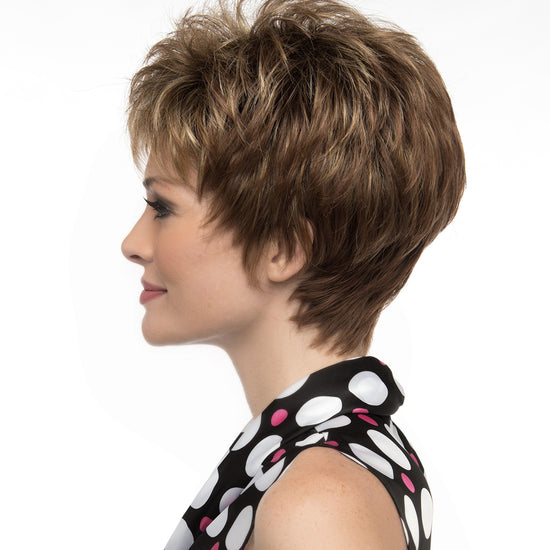 profile side of a short Kinner Beauty Wigs wig on woman head 