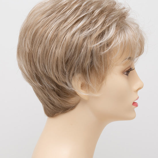 profile side of a short Kinner Beauty Wigs wig on woman head 