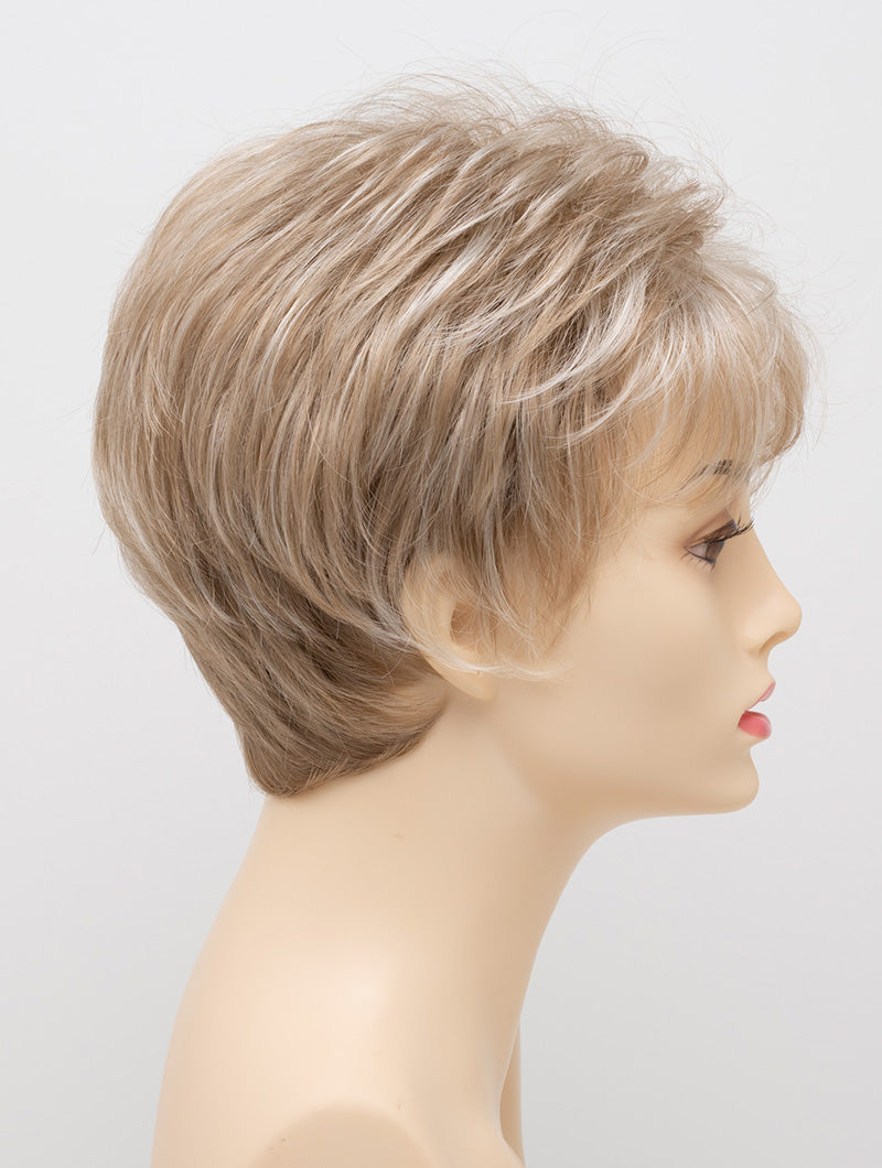 profile side of a short Kinner Beauty Wigs wig on woman head 