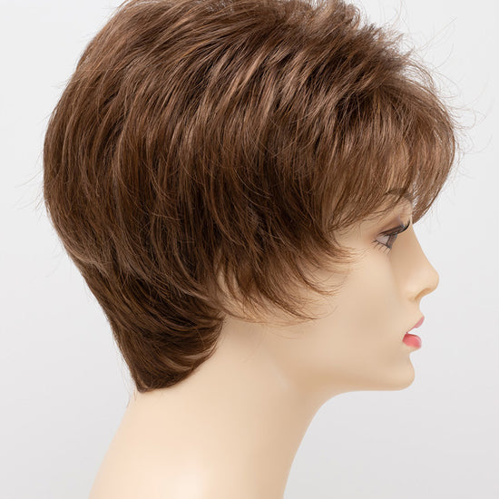 profile side of a short Kinner Beauty Wigs wig on woman head 