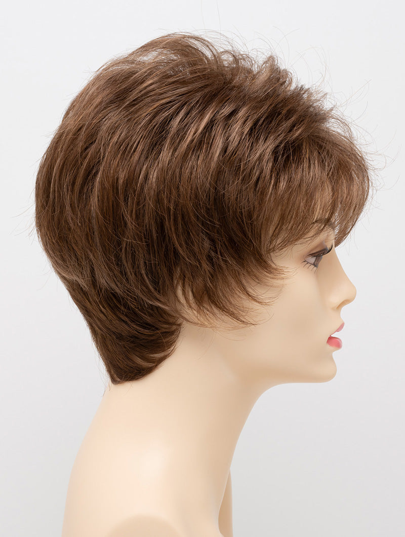 profile side of a short Kinner Beauty Wigs wig on woman head 