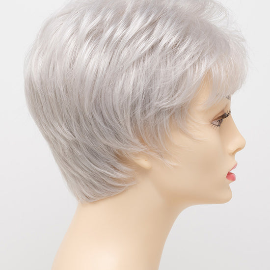 profile side of a short Kinner Beauty Wigs wig on woman head 