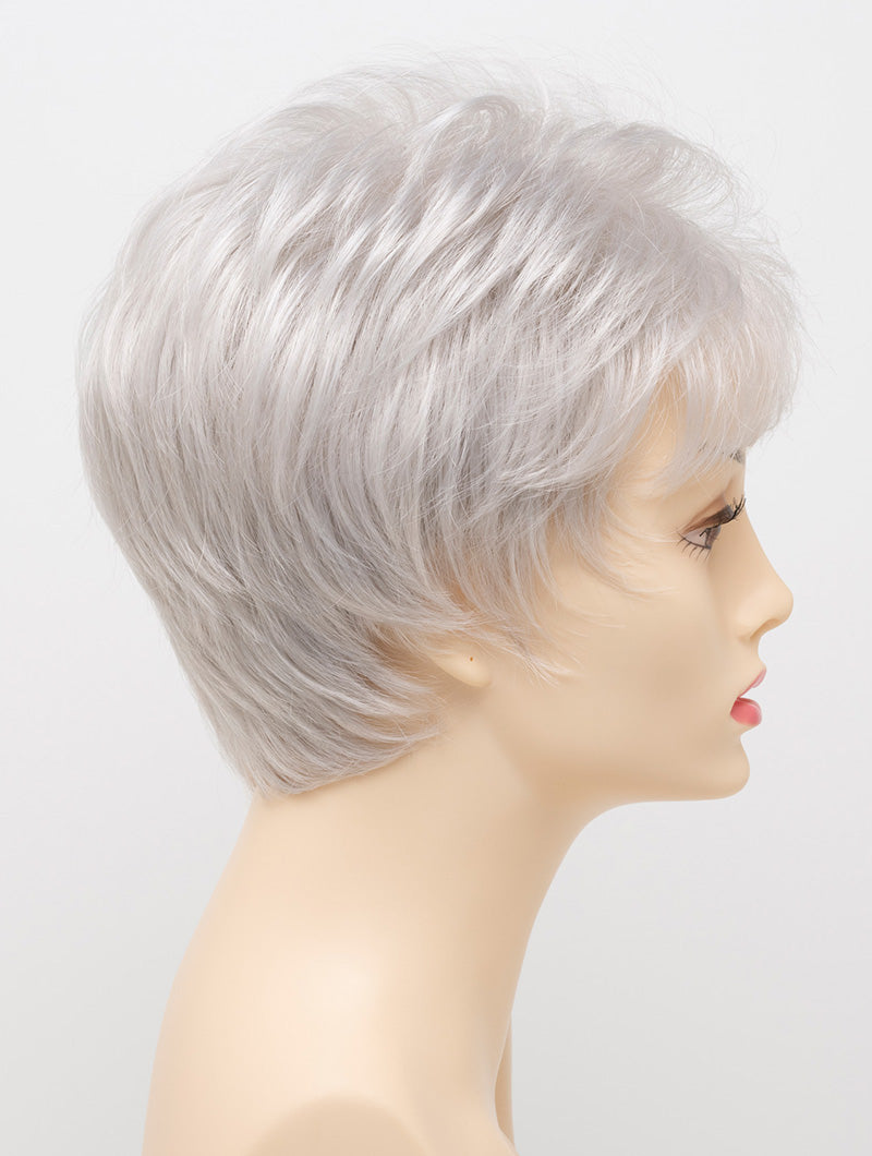 profile side of a short Kinner Beauty Wigs wig on woman head 