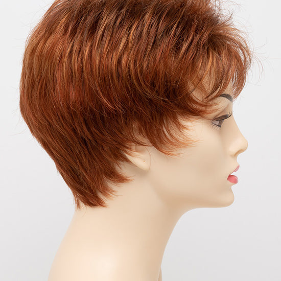 profile side of a short Kinner Beauty Wigs wig on woman head 