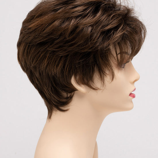 profile side of a short Kinner Beauty Wigs wig on woman head 