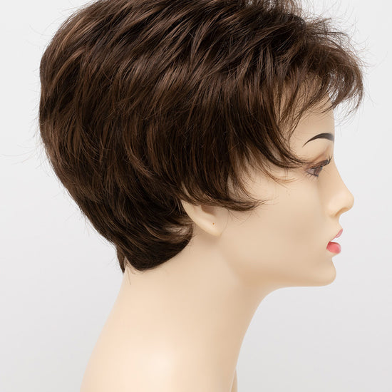 profile side of a short Kinner Beauty Wigs wig on woman head 