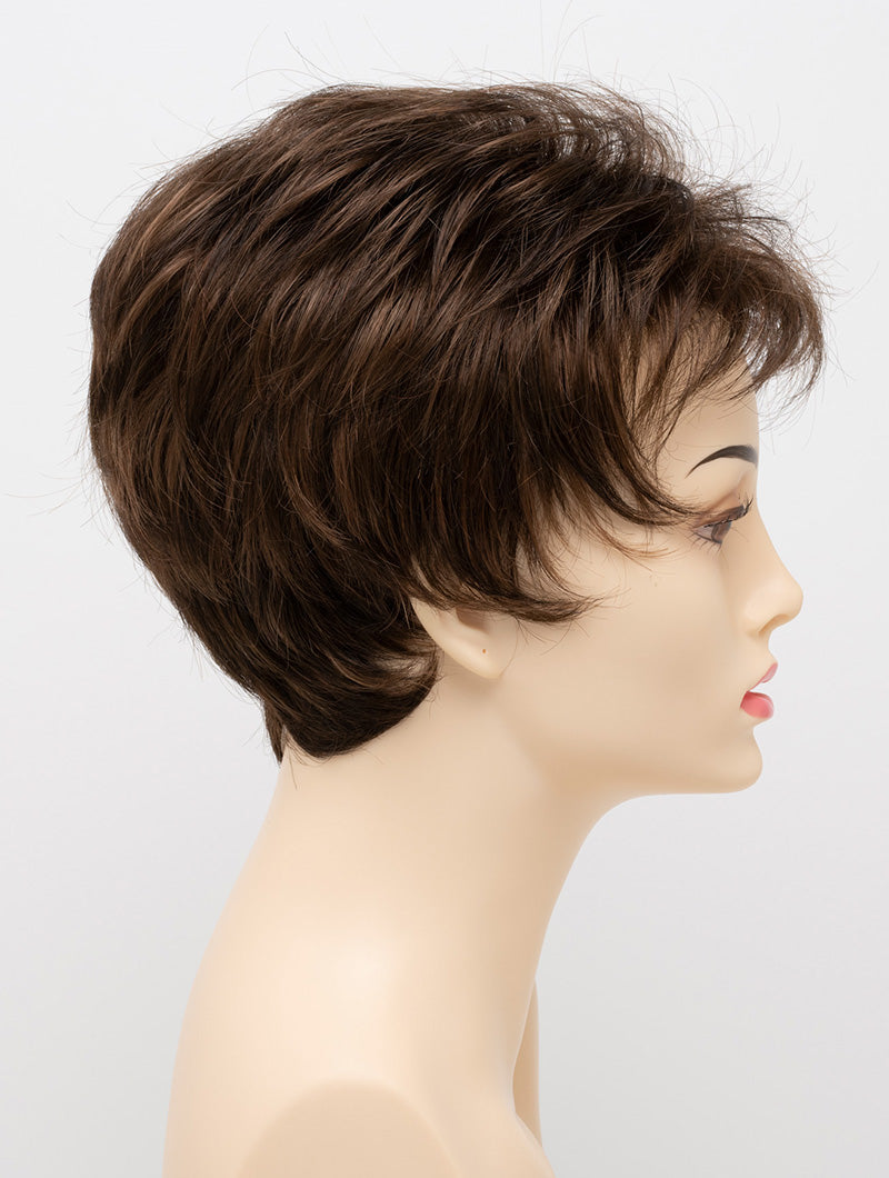 profile side of a short Kinner Beauty Wigs wig on woman head 