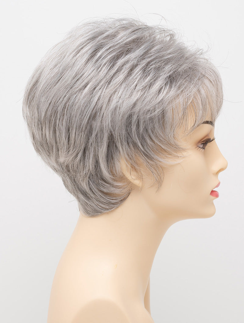 profile side of a short Kinner Beauty Wigs wig on woman head 