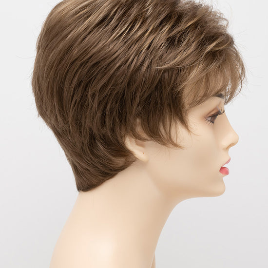 profile side of a short Kinner Beauty Wigs wig on woman head 