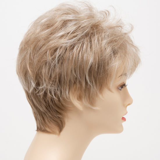 profile side of a short Kinner Beauty Wigs wig on woman head 