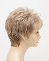 profile side of a short Kinner Beauty Wigs wig on woman head 