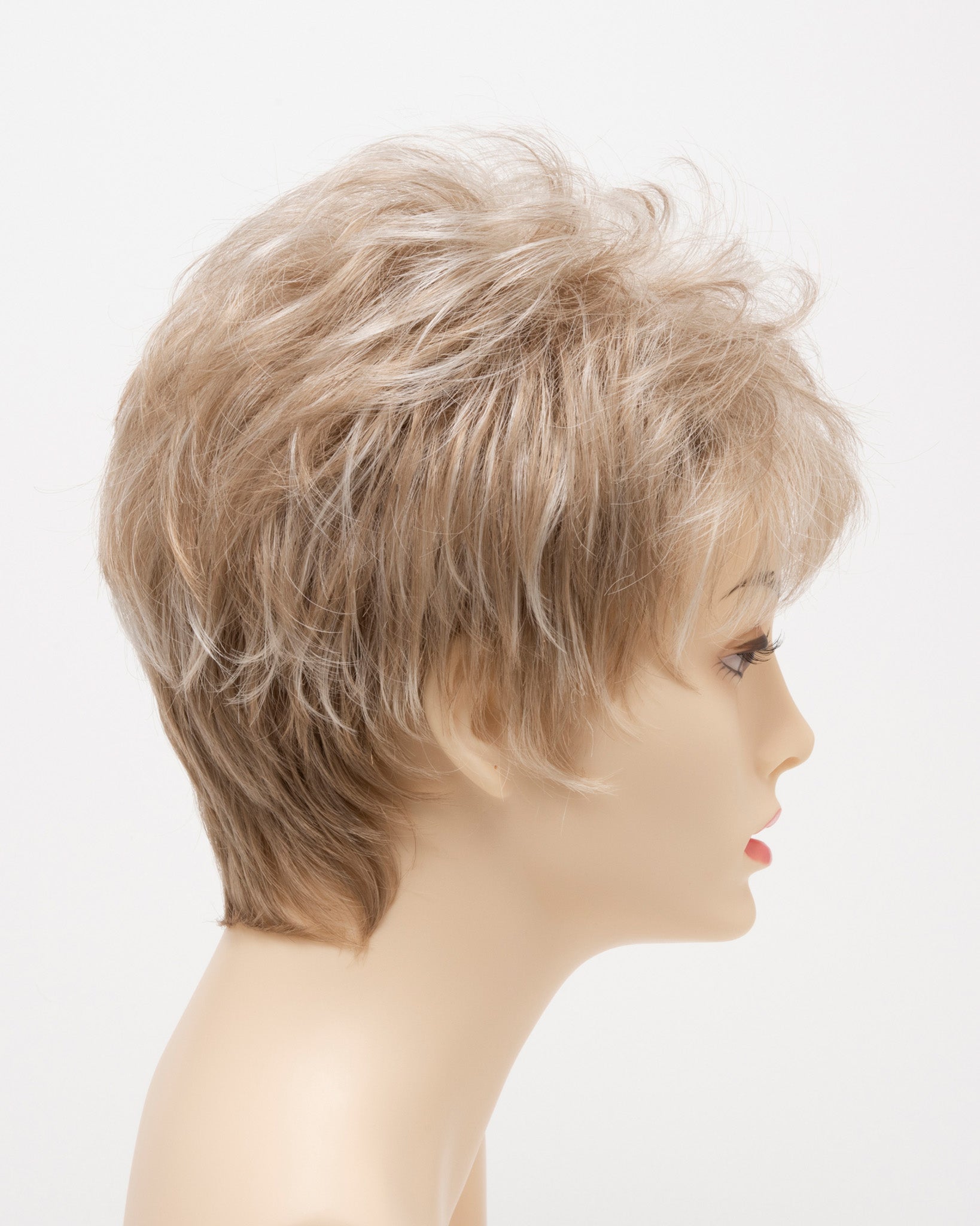 profile side of a short Kinner Beauty Wigs wig on woman head 