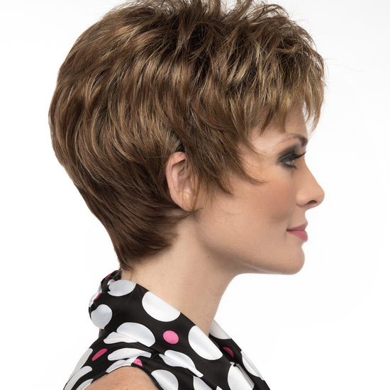 profile side of a short Kinner Beauty Wigs wig on woman head 