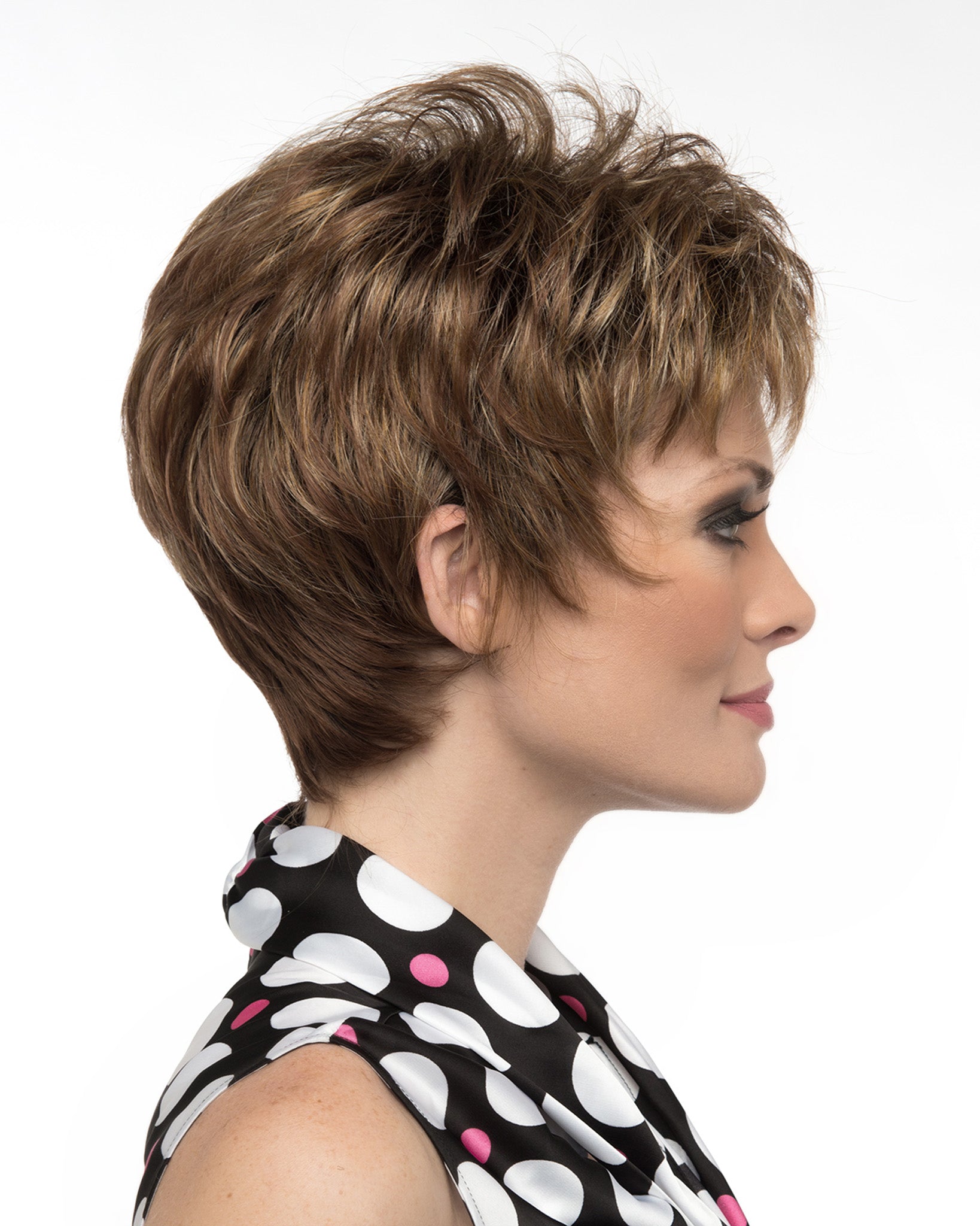 profile side of a short Kinner Beauty Wigs wig on woman head 