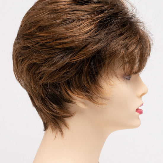 profile side of a short Kinner Beauty Wigs wig on woman head 