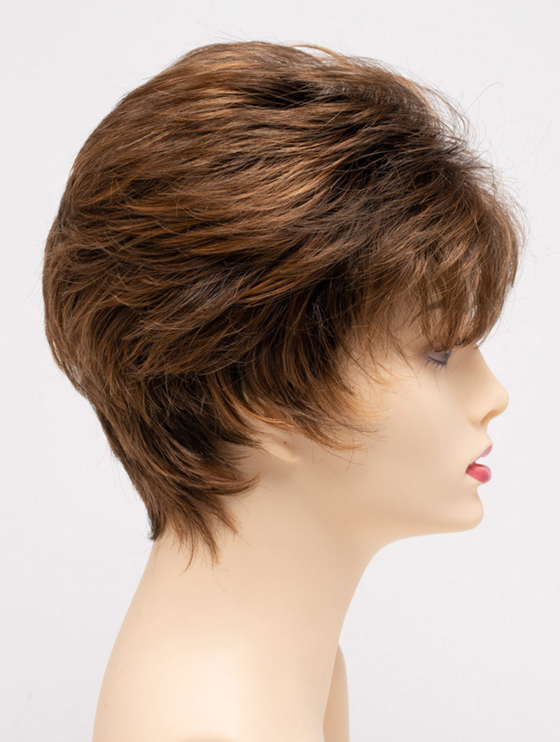 profile side of a short Kinner Beauty Wigs wig on woman head 