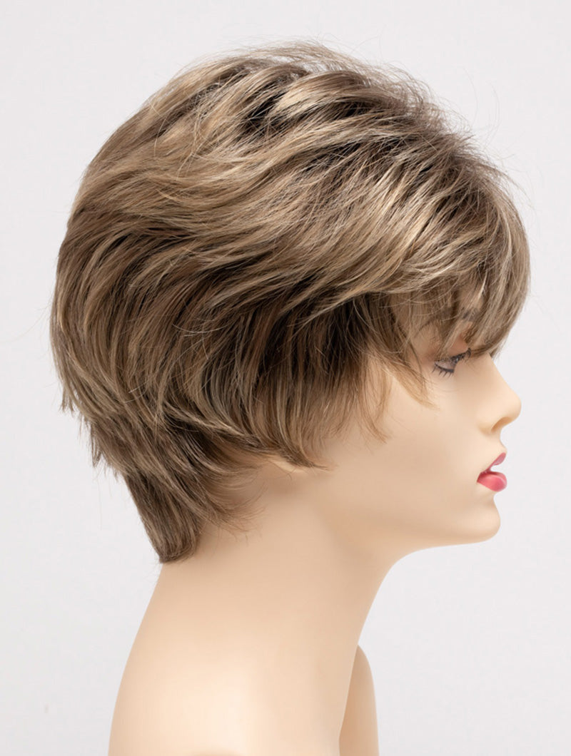 profile side of a short Kinner Beauty Wigs wig on woman head 