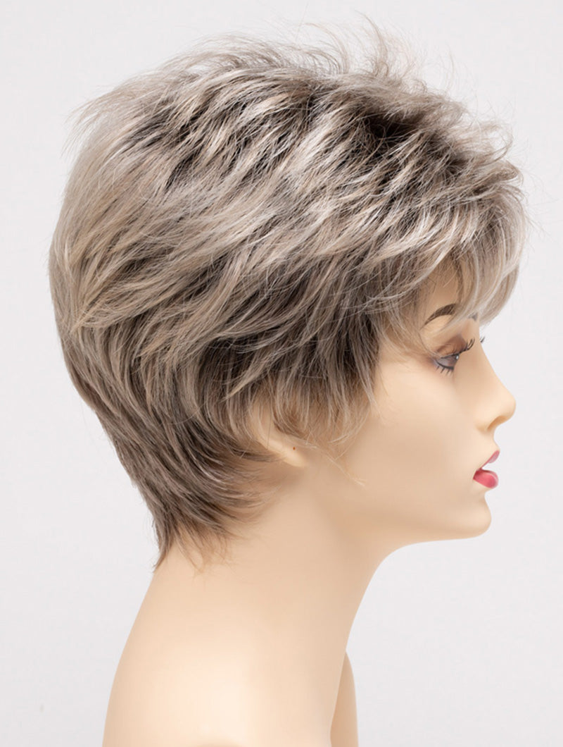 profile side of a short Kinner Beauty Wigs wig on woman head 