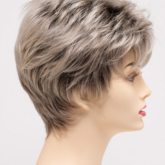 profile side of a short Kinner Beauty Wigs wig on woman head 