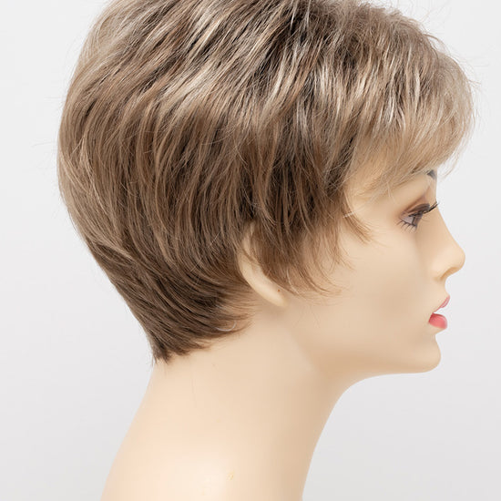 profile side of a short Kinner Beauty Wigs wig on woman head 