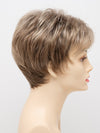 profile side of a short Kinner Beauty Wigs wig on woman head 