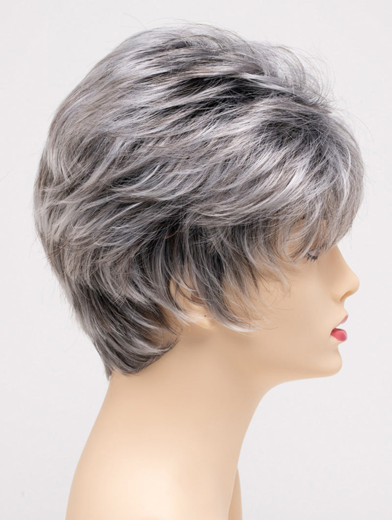 profile side of a short Kinner Beauty Wigs wig on woman head 