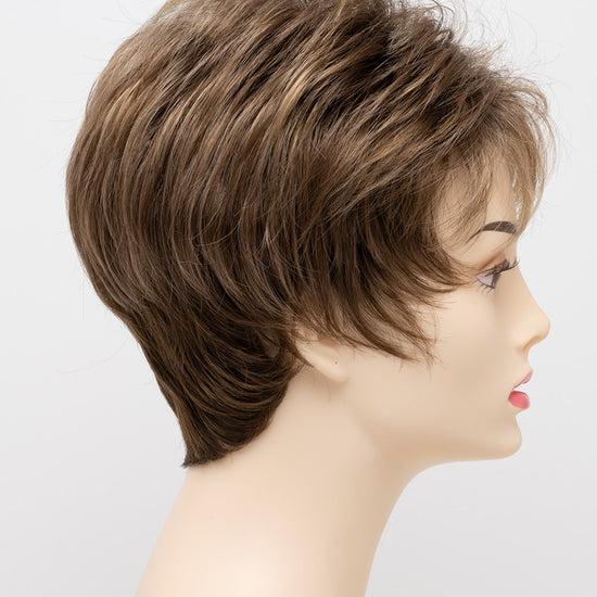 profile side of a short Kinner Beauty Wigs wig on woman head 