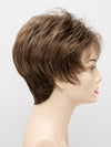 profile side of a short Kinner Beauty Wigs wig on woman head 