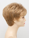 profile side of a short Kinner Beauty Wigs wig on woman head 