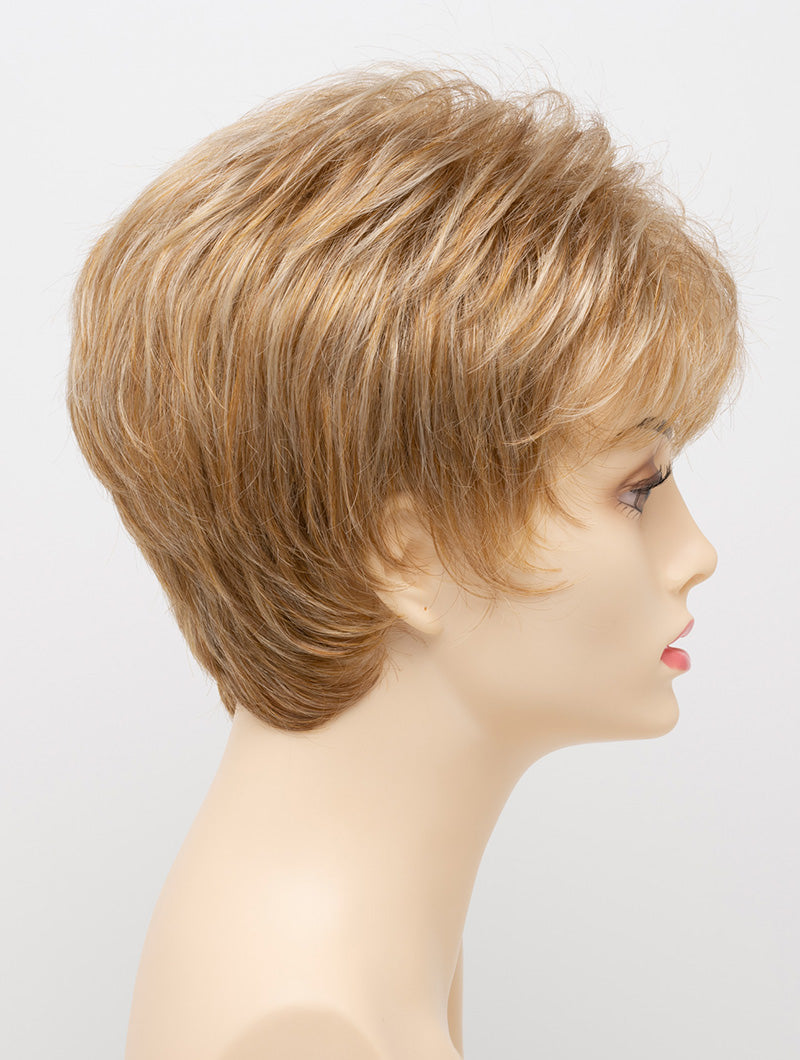 profile side of a short Kinner Beauty Wigs wig on woman head 