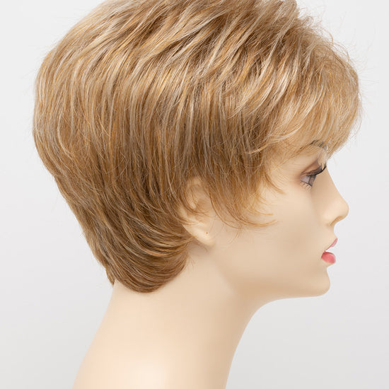 profile side of a short Kinner Beauty Wigs wig on woman head 