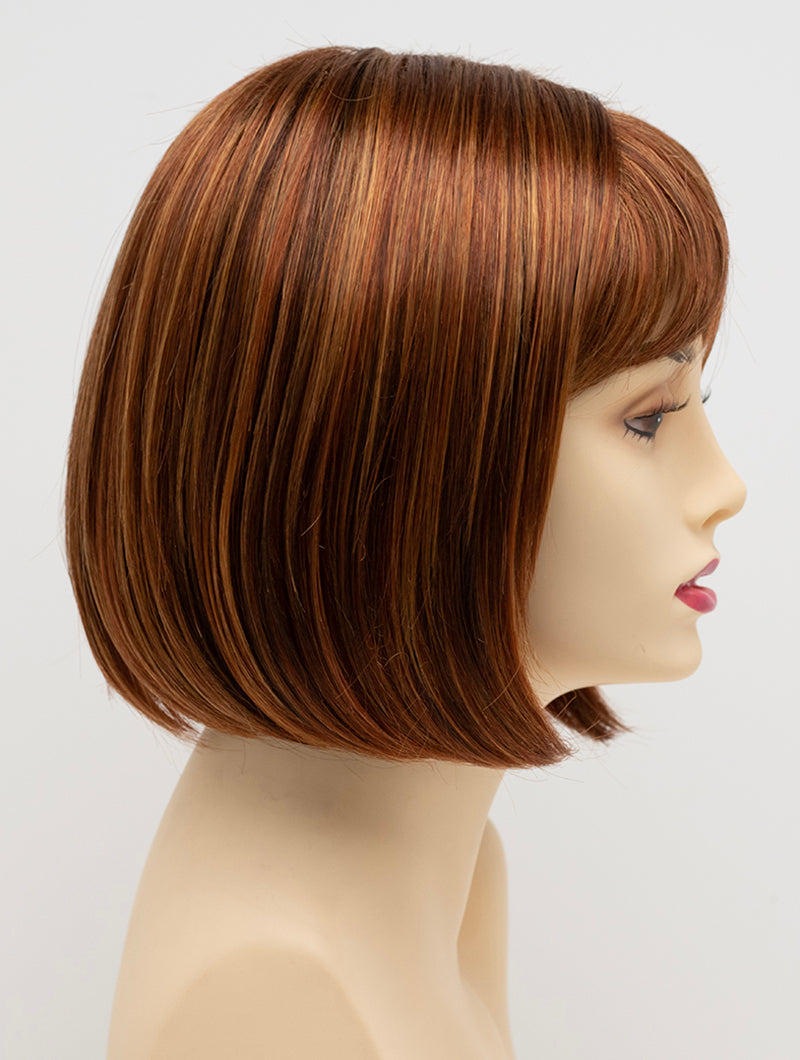 profile side of a short Kinner Beauty Wigs wig on woman head 