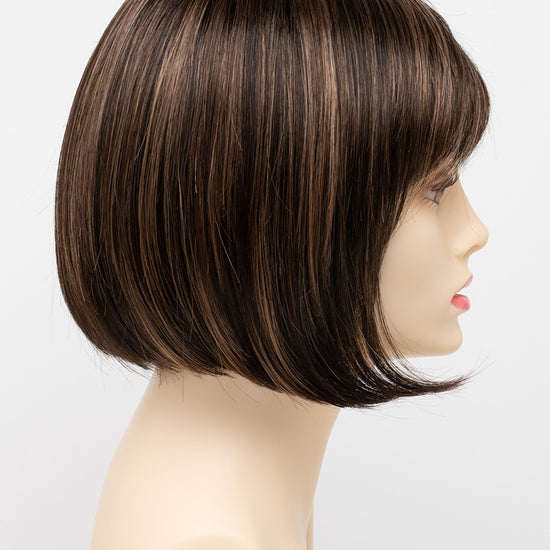 profile side of a short Kinner Beauty Wigs wig on woman head 