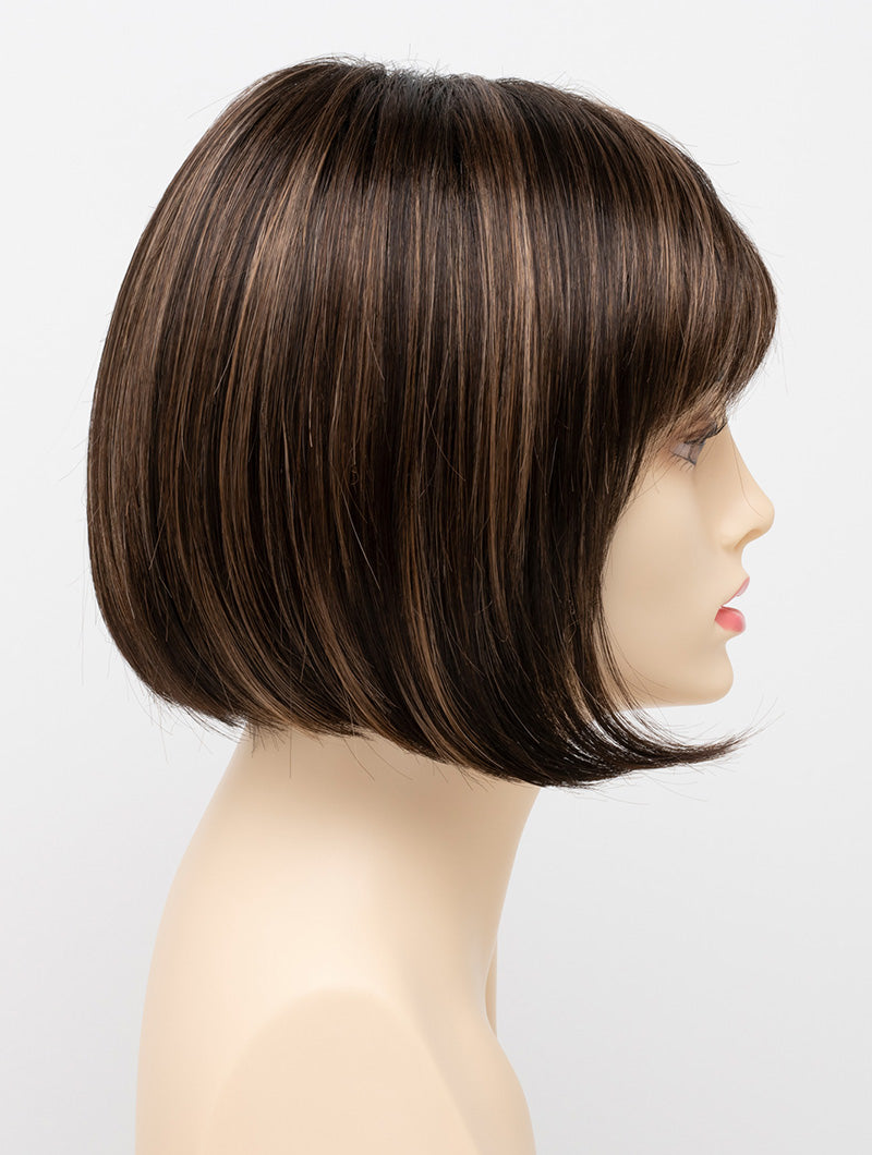 profile side of a short Kinner Beauty Wigs wig on woman head 