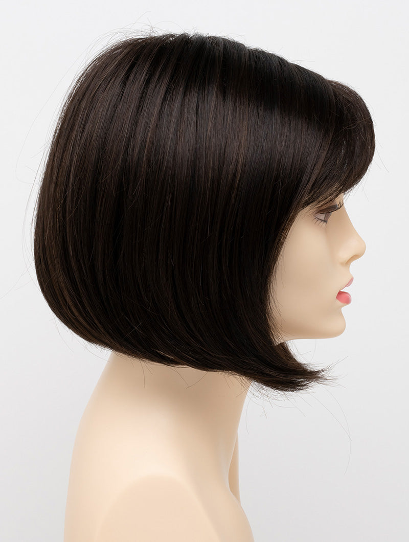 profile side of a short Kinner Beauty Wigs wig on woman head 