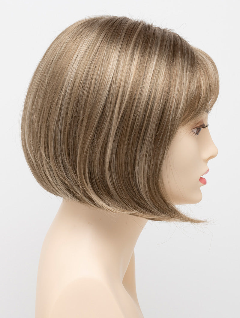 profile side of a short Kinner Beauty Wigs wig on woman head 