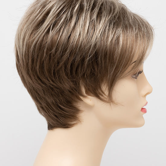 profile side of a short Kinner Beauty Wigs wig on woman head 