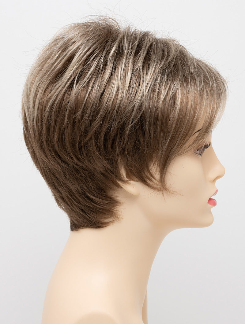 profile side of a short Kinner Beauty Wigs wig on woman head 