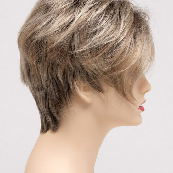 profile side of a short Kinner Beauty Wigs wig on woman head 