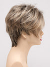 profile side of a short Kinner Beauty Wigs wig on woman head 