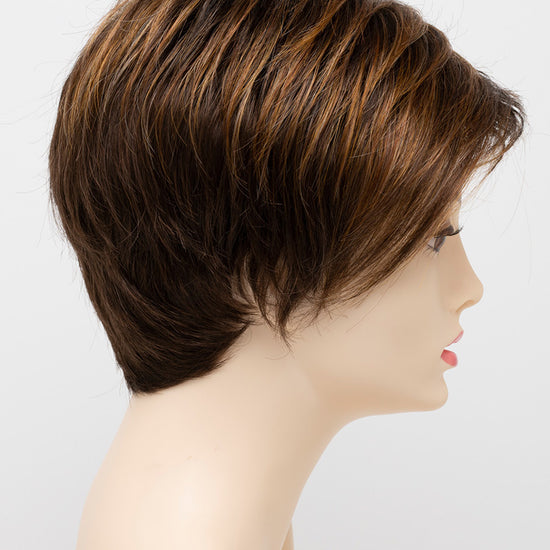 profile side of a short Kinner Beauty Wigs wig on woman head 