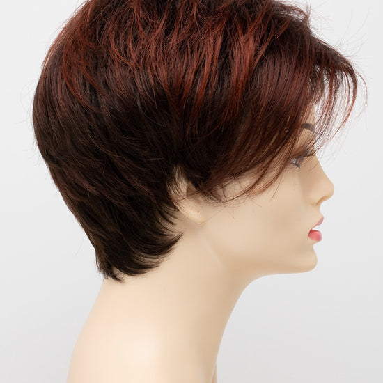 profile side of a short Kinner Beauty Wigs wig on woman head 